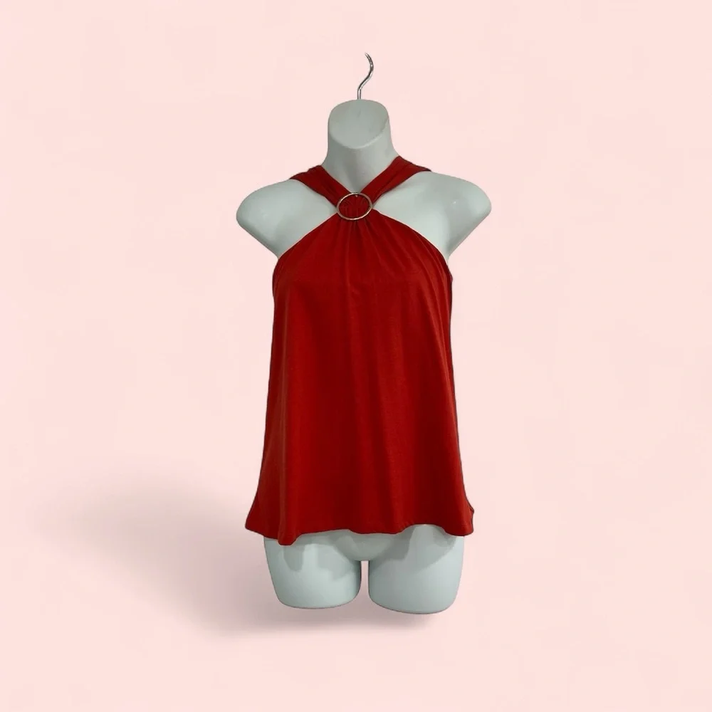 Michael Kors Crimson Halter Top with Gold Circle Detail Shirt Tunic Size Large